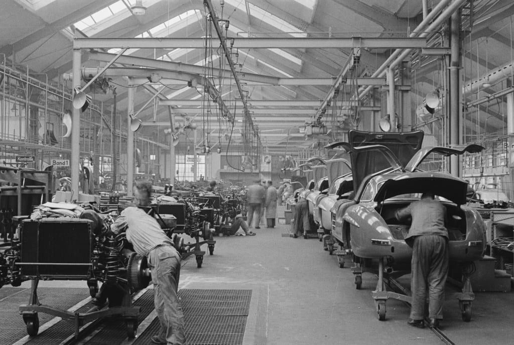 Mailander’s coverage of the automobile includes amazing circa 1950’s factory industrial scenes like the Mercedes-Benz 300 SL mass production line. 