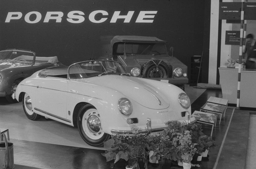 The Porsche 356 display at the Geneva Motor Show in 1955 catches Mailander’s eye and lens. 